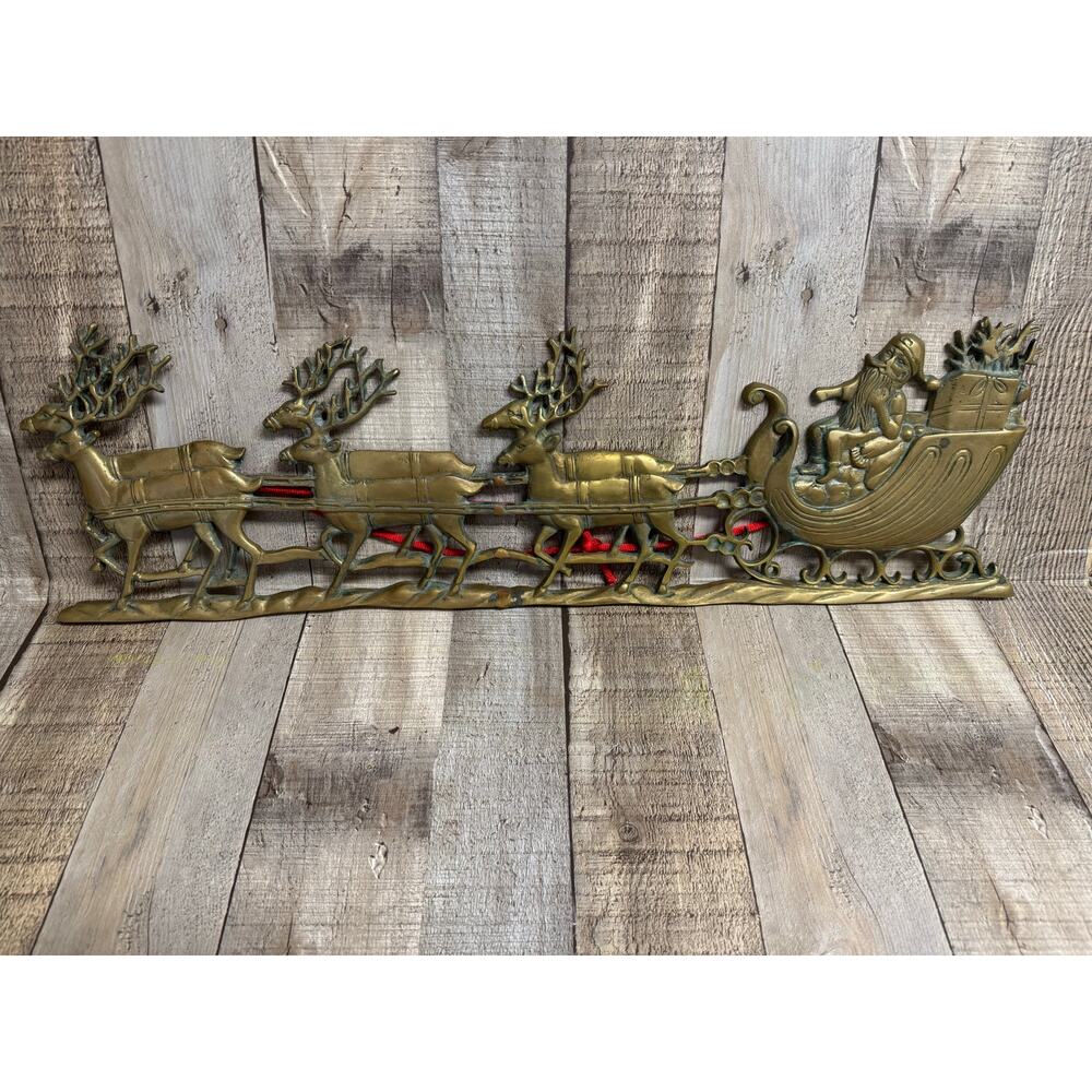 Vintage Brass Santa Reindeer Sleigh Wallhanging